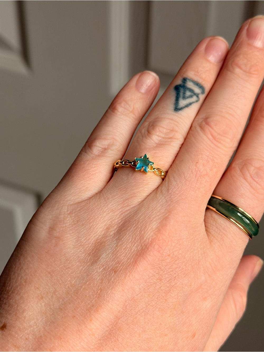 Gold Chain Ring with Teal Flower Stone open back adjustable
